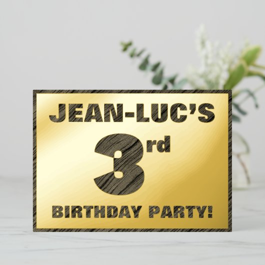 3回目の誕生日パーティー— はっきりした、ウッドグフェイクレイン文字 箔招待状 (立ち正面)