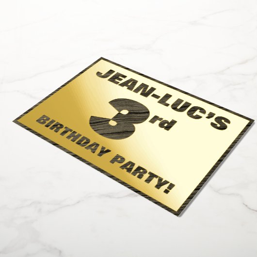 3回目の誕生日パーティー— はっきりした、ウッドグフェイクレイン文字 箔招待状 (回転した状態)