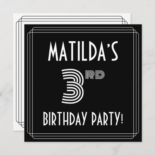 3回目の誕生日パーティー:アールデコスタイル(名前をカスタムする付き) 招待状 (正面/裏面)