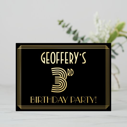 3回目の誕生日パーティー—アールデコスタイル「3」 +名前 箔招待状 (立ち正面)