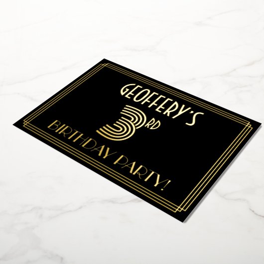 3回目の誕生日パーティー—アールデコスタイル「3」 +名前 箔招待状 (回転した状態)