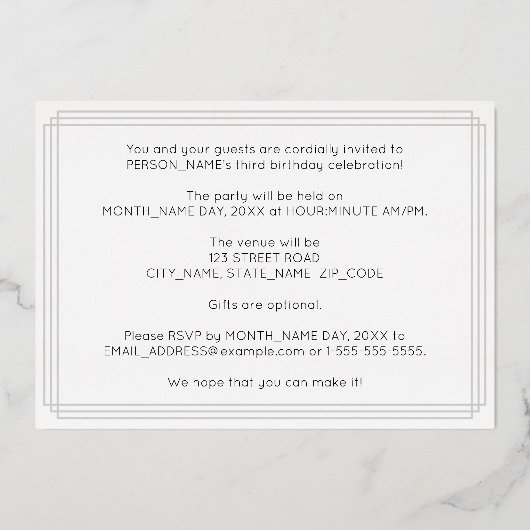 3回目の誕生日パーティー—アールデコスタイル「3」 +名前 箔招待状 (裏面)