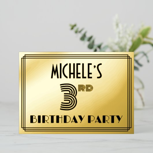 3回目の誕生日パーティー—アールデコスタイル「3」 & Name 箔招待状 (立ち正面)