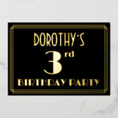 3回目の誕生日パーティー:アールデコルック「3」、名前つき 箔招待状 (正面)