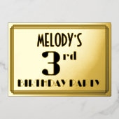 3回目の誕生日パーティー:アールデコ「3」と「名前」 箔招待状 (正面)
