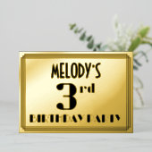 3回目の誕生日パーティー:アールデコ「3」と「名前」 箔招待状 (立ち正面)
