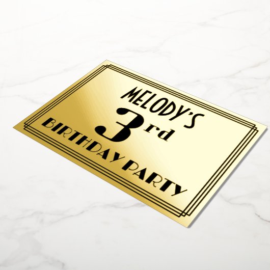 3回目の誕生日パーティー:アールデコ「3」と「名前」 箔招待状 (回転した状態)