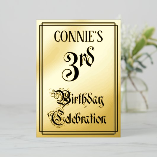 3回目の誕生日パーティー—エレガントスクリプト+名前をカスタムする 箔招待状 (立ち正面)