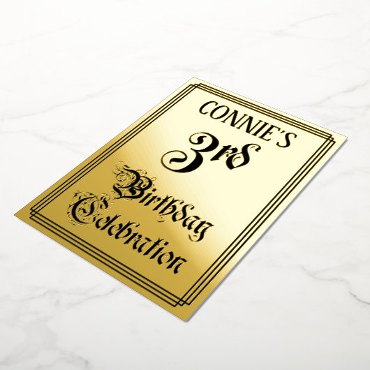 3回目の誕生日パーティー—エレガントスクリプト+名前をカスタムする 箔招待状 (回転した状態)