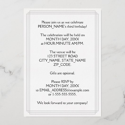3回目の誕生日パーティー—エレガントスクリプト+名前をカスタムする 箔招待状 (裏面)