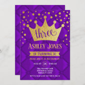 3回目の誕生日パーティー – パープル王室の金ゴールド 招待状 (正面/裏面)