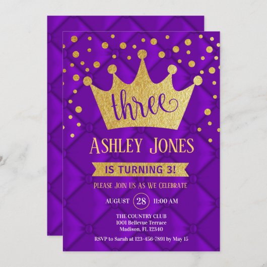 3回目の誕生日パーティー – パープル王室の金ゴールド 招待状 (正面/裏面)