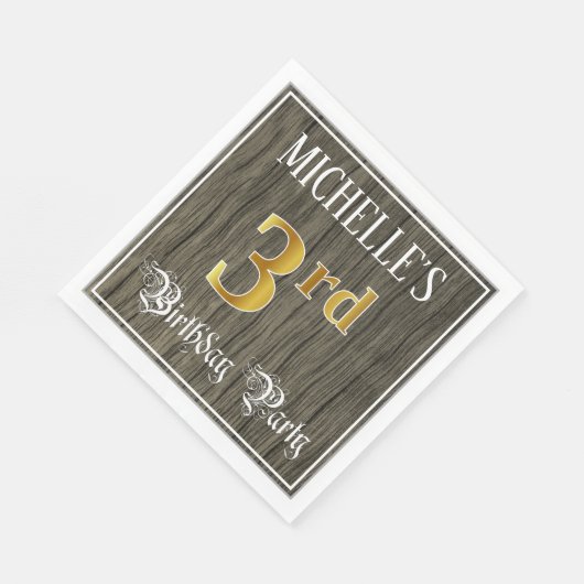 3回目の誕生日パーティー—フェイク金ゴールドとフェイク木目 スタンダードランチョンナプキン (角)