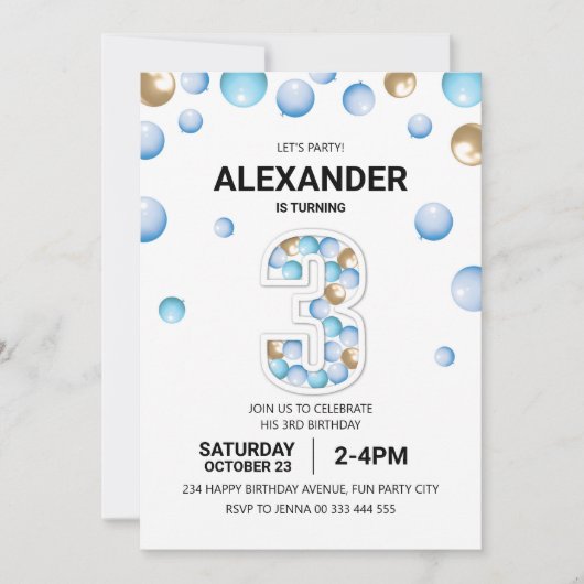 3回目の誕生日パーティー、ブルーと金ゴールドバルーンボーイ 招待状 (正面)