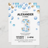 3回目の誕生日パーティー、ブルーと金ゴールドバルーンボーイ 招待状 (正面/裏面)