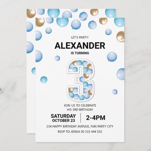 3回目の誕生日パーティー、ブルーと金ゴールドバルーンボーイ 招待状 (正面/裏面)
