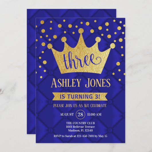 3回目の誕生日パーティー-王室の青金ゴールド 招待状 (正面/裏面)