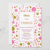 3回目の誕生日ピンクと金ゴールドグリッター 招待状 (正面)
