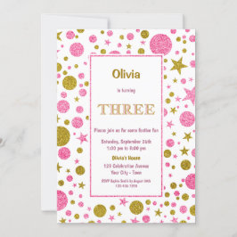 3回目の誕生日ピンクと金ゴールドグリッター 招待状