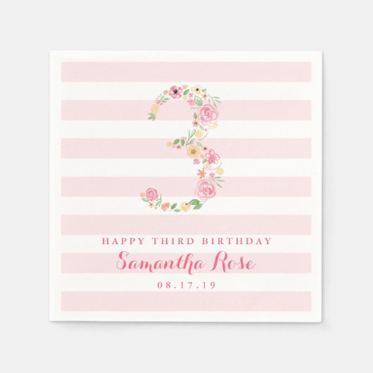 3回目の誕生日ピンクストライプフローラ&水彩THREE スタンダードカクテルナプキン (正面)