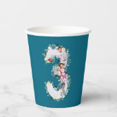 3回目の誕生日フォトコラージブルーイエローフラワーティール(緑がかった色) 紙コップ (正面)