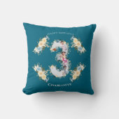 3回目の誕生日フォトコラージュティール(緑がかった色)ブルーイエローフラワー クッション (正面)