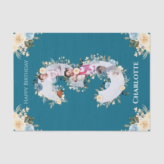 3回目の誕生日フォトコラージュティール(緑がかった色)ブルーイエローフラワー 薄葉紙 (正面)