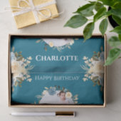 3回目の誕生日フォトコラージュティール(緑がかった色)ブルーイエローフラワー 薄葉紙 (ギフト)