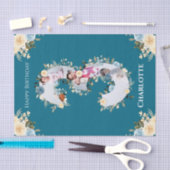 3回目の誕生日フォトコラージュティール(緑がかった色)ブルーイエローフラワー 薄葉紙 (クラフト)