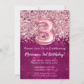 3回目の誕生日招待状ガーリーマゼンタピンクグリッター 招待状 (正面)