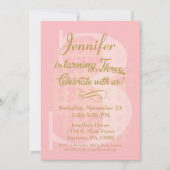 3回目の誕生日招待状ガールズピンク金ゴールドハート 招待状 (正面)