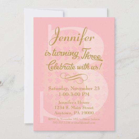 3回目の誕生日招待状ガールズピンク金ゴールドハート 招待状 (正面)