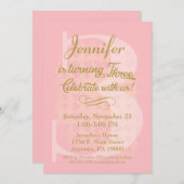 3回目の誕生日招待状ガールズピンク金ゴールドハート 招待状 (正面/裏面)