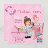 3回目の誕生日3パーティーかわいいピンクのハート女の子スポット 招待状 (正面/裏面)