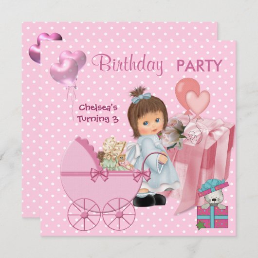 3回目の誕生日3パーティーかわいいピンクのハート女の子スポット 招待状 (正面/裏面)