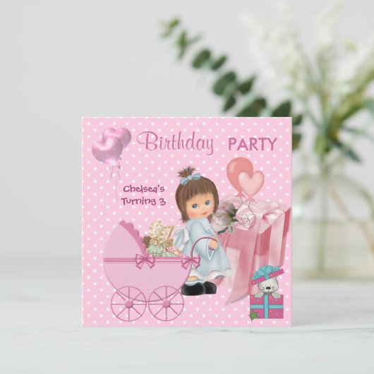 3回目の誕生日3パーティーかわいいピンクのハート女の子スポット 招待状 (スタンド正面)