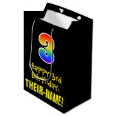 3回目の誕生日:おもしろいはっきりした, カラフル, Rainbow "3" ミディアムペーパーバッグ (正面アングル)