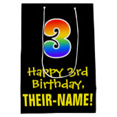 3回目の誕生日:おもしろいはっきりした, カラフル, Rainbow "3" ミディアムペーパーバッグ (裏面)