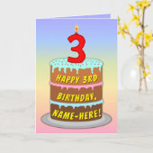 3回目の誕生日 – おもしろいケーキとキャンドル、名前をカスタムする付き カード (黄色い花)