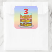 3回目の誕生日:おもしろいケーキとキャンドル+名前をカスタムする スクエアシール (バッグ)