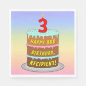 3回目の誕生日:おもしろいケーキとキャンドル+名前をカスタムする スタンダードランチョンナプキン (正面)