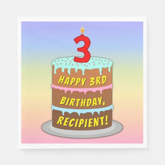 3回目の誕生日:おもしろいケーキとキャンドル+名前をカスタムする スタンダードランチョンナプキン (正面)
