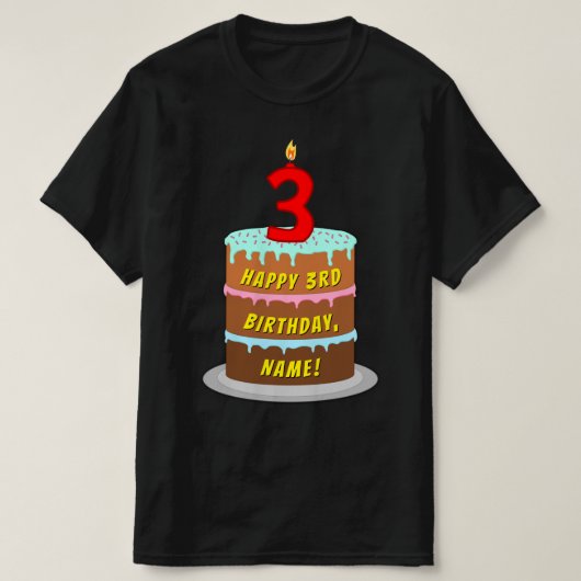 3回目の誕生日 – おもしろいケーキ&キャンドル、名前をカスタムする付き Tシャツ (デザイン正面)