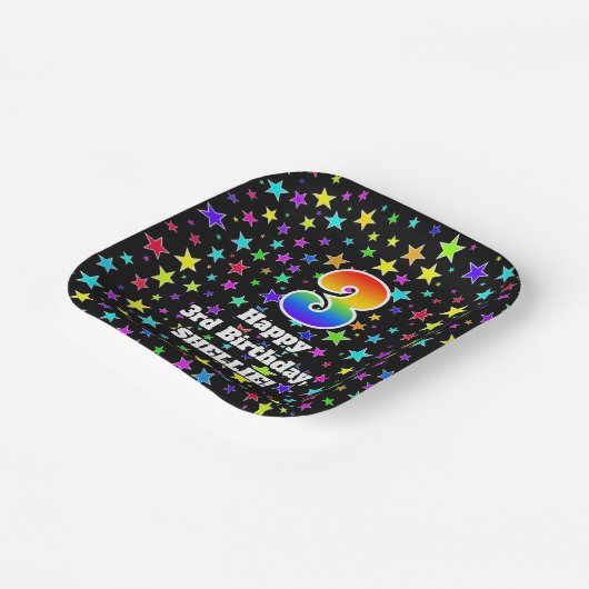 3回目の誕生日：おもしろいスターのパターンと虹「3」 ペーパープレート (傾斜あり)