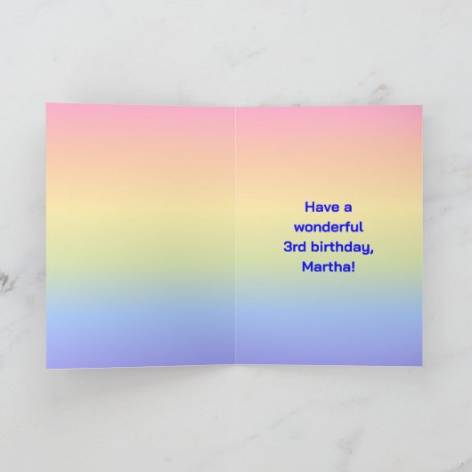 3回目の誕生日：おもしろいレインボー#,カスタム写真+名前 カード (内部)