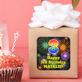 3回目の誕生日：おもしろい花火の外観、虹の数3 スクエアシール