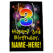 3回目の誕生日:おもしろい花火パターン+虹3 ミディアムペーパーバッグ (正面)