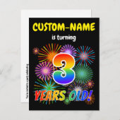 3回目の誕生日 – おもしろい花火, Rainbow Look "3" ポストカード (正面/裏面)