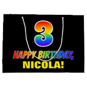 3回目の誕生日:はっきりした,おもしろい,シンプルレインボー3 ラージペーパーバッグ (裏面)