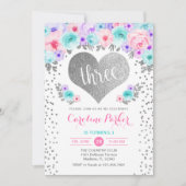 3回目の誕生日 – シルバーハートティール（緑がかった色）パープルピンク 招待状 (正面)